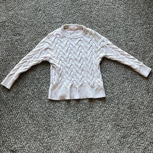 Cream/Baby Pink Small Cable Knit Sweater with Ribbed Neckline - Picture 2 of 6